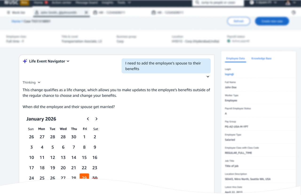 The next turn: the assistant confirms the change qualifies as a life event and asks for the marriage date, showing a date picker where ineligible dates outside the enrolment window are struck through and unselectable